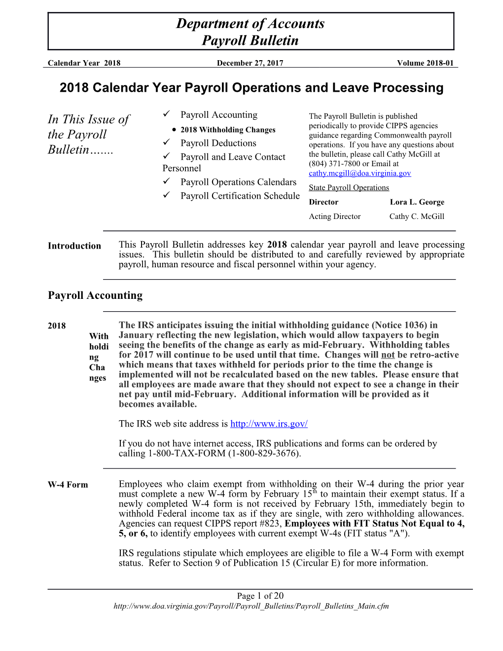 2018 Calendar Year Payroll Operations and Leave Processing