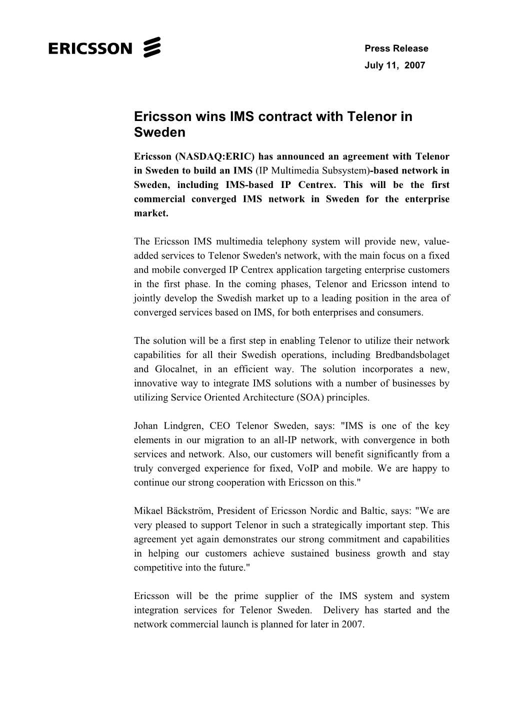 Ericsson Standard Document, Template for A4 Portrait EN/FAD 109 240