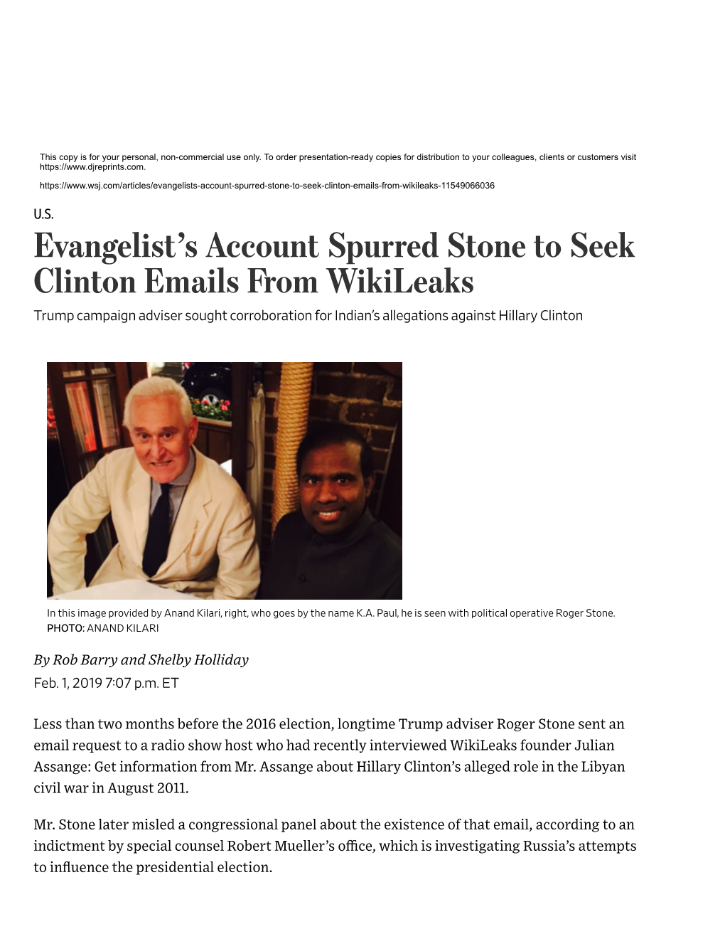 Evangelist's Account Spurred Stone to Seek Clinton Emails from Wikileaks