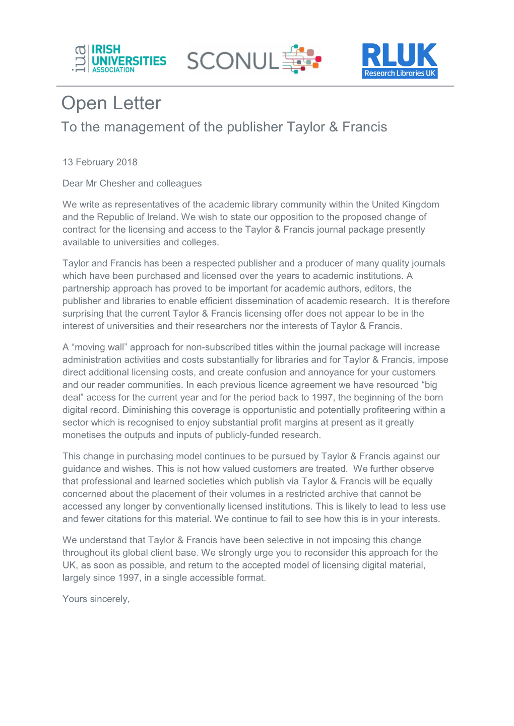 Open Letter to the Management of the Publisher Taylor & Francis