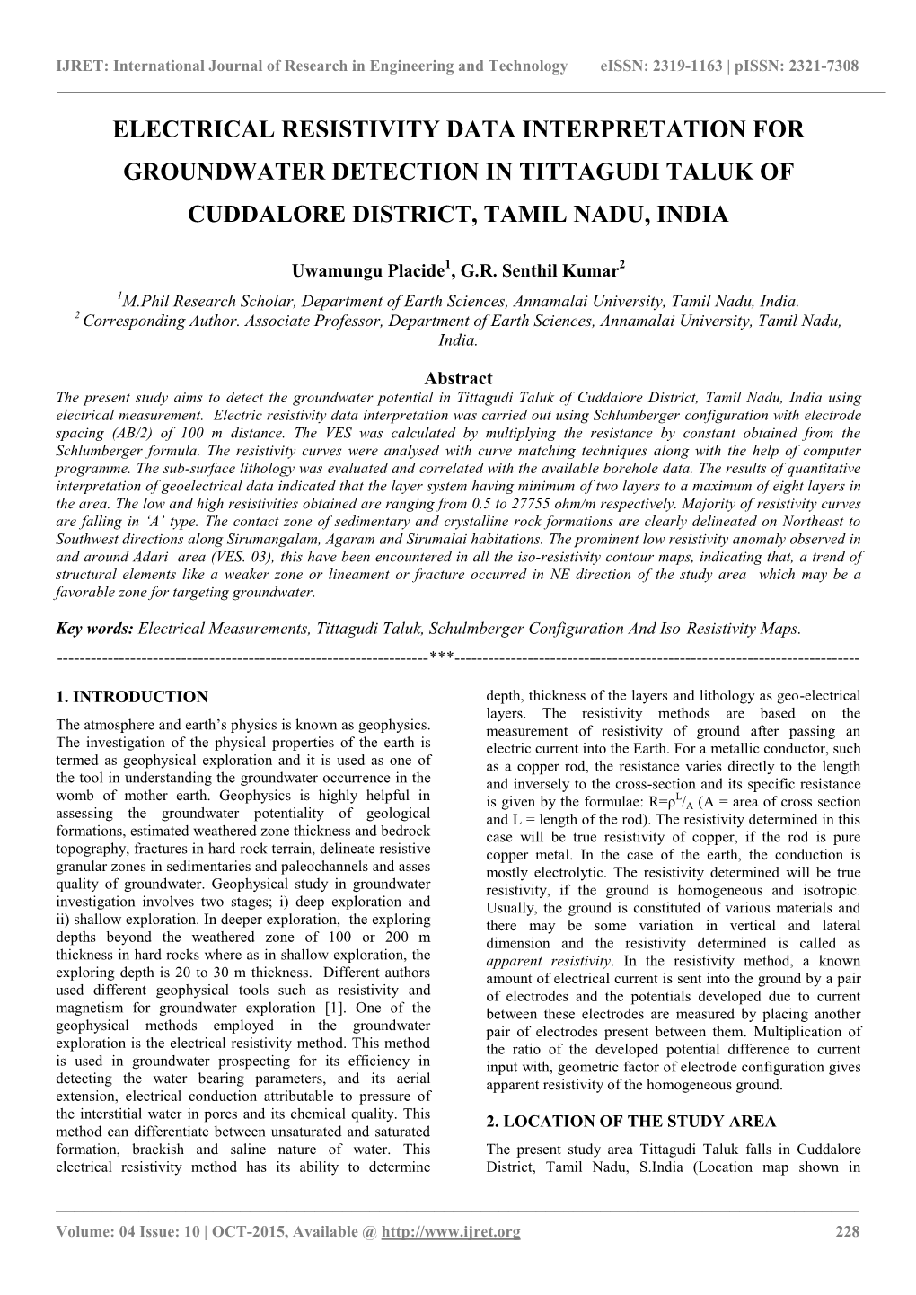 Electrical Resistivity Data Interpretation for Groundwater Detection in Tittagudi Taluk of Cuddalore District, Tamil Nadu, India