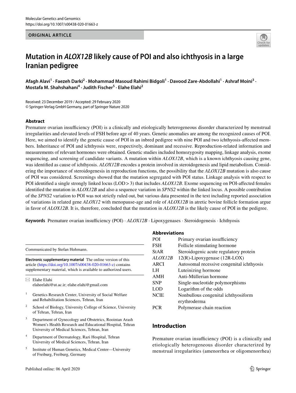 Mutation in ALOX12B Likely Cause of POI and Also Ichthyosis in a Large Iranian Pedigree