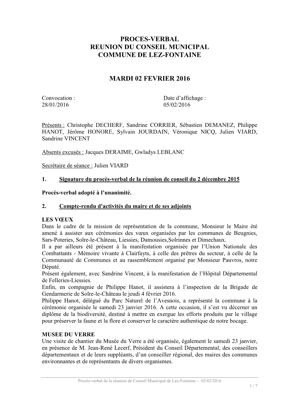 Proces-Verbal Reunion Du Conseil Municipal Commune De Lez-Fontaine