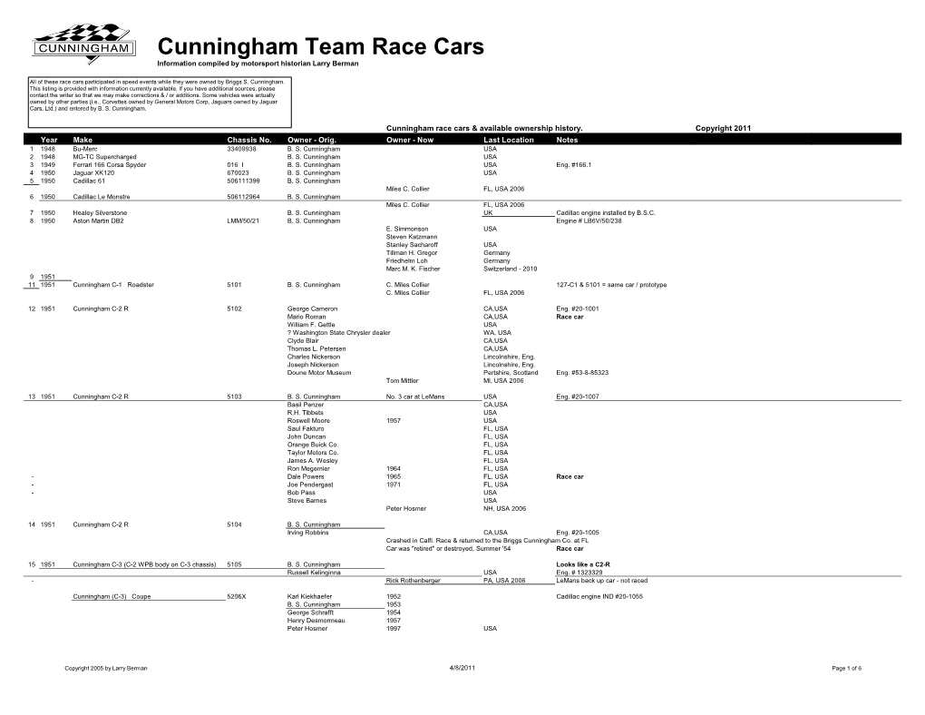 Cunningham Team Race Cars Information Compiled by Motorsport Historian Larry Berman