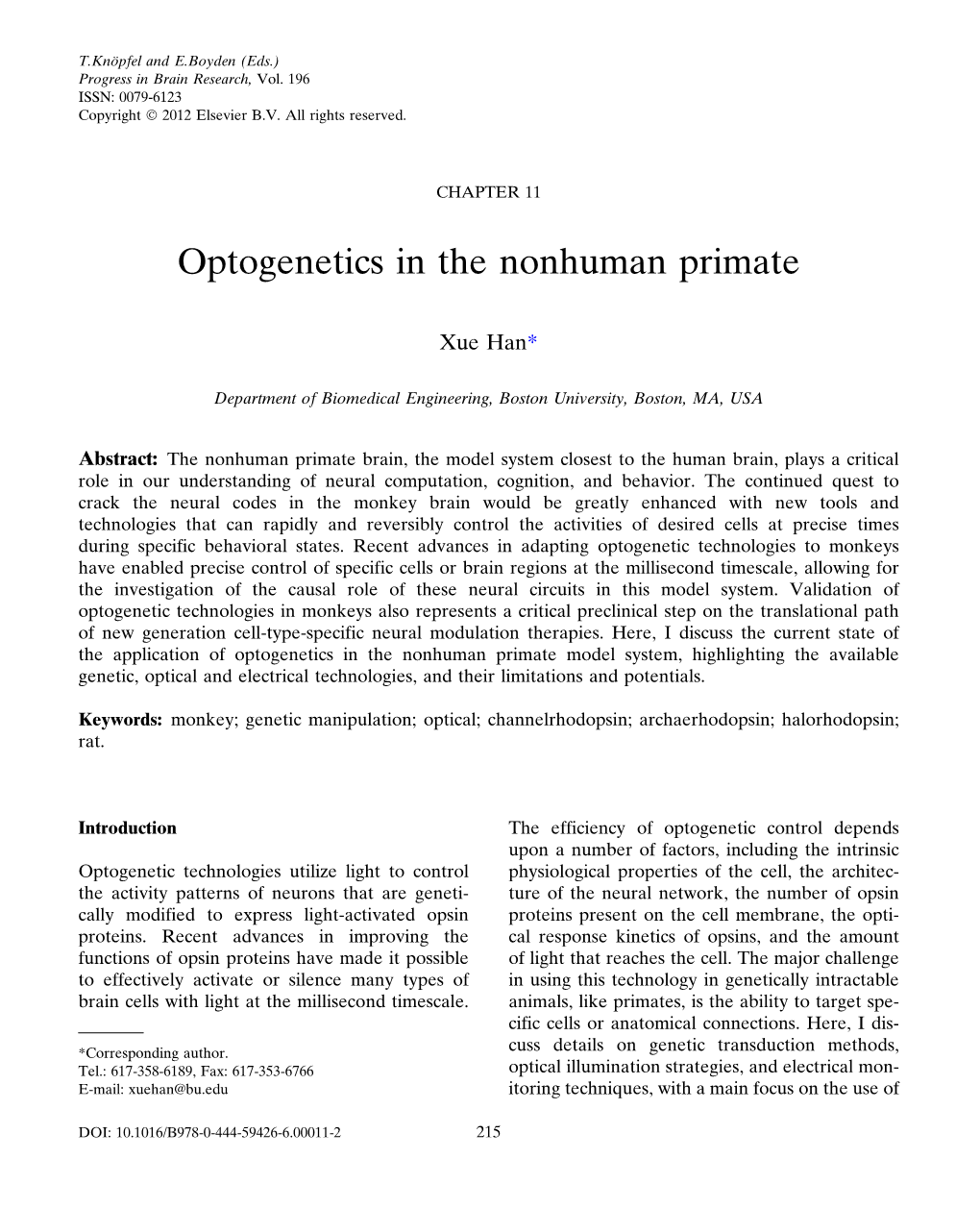 Optogenetics in the Nonhuman Primate