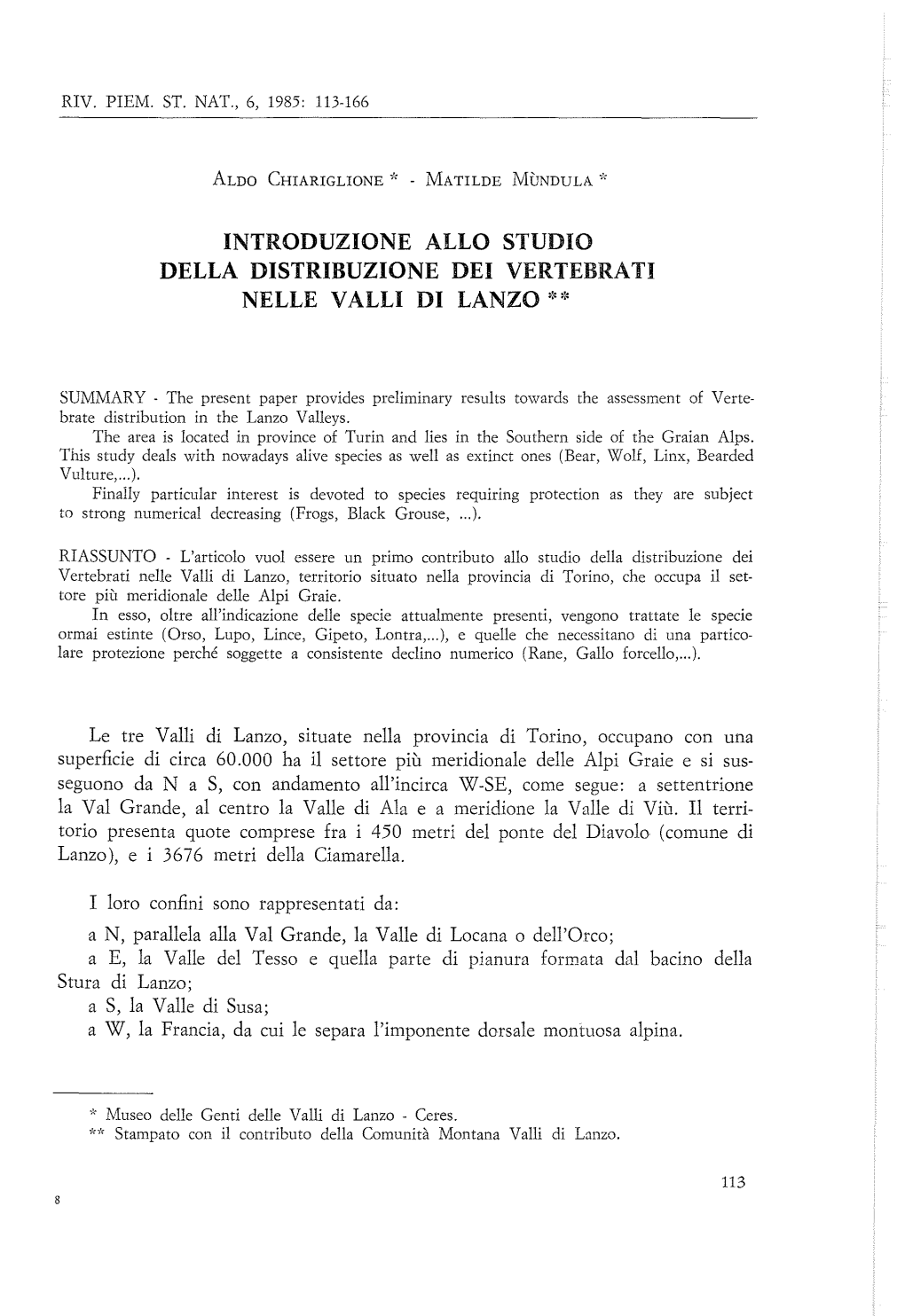 Introduzione Allo Studio Della Distribuzione Dei Vertebrati Nelle Valli Di Lanzo **