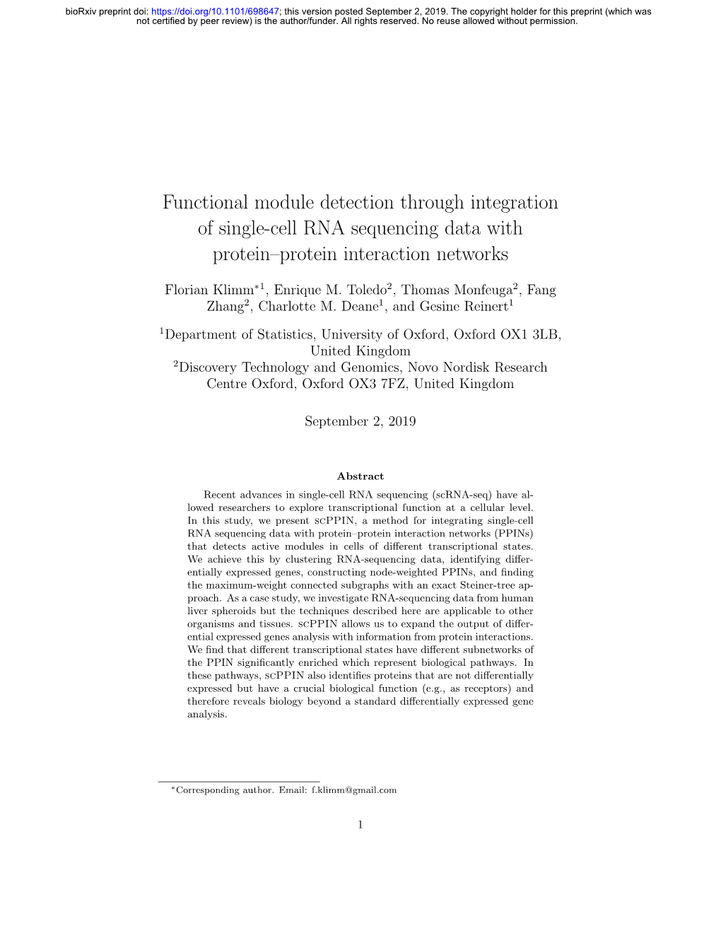 Functional Module Detection Through Integration of Single-Cell RNA Sequencing Data with Protein–Protein Interaction Networks