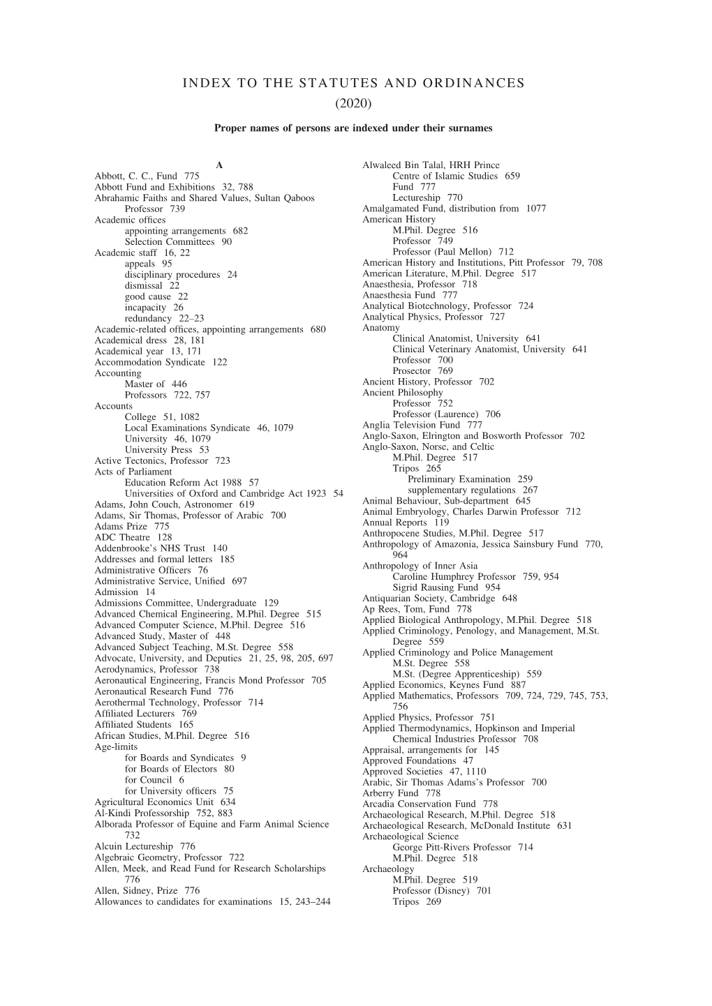 Index to the Statutes and Ordinances (2020)