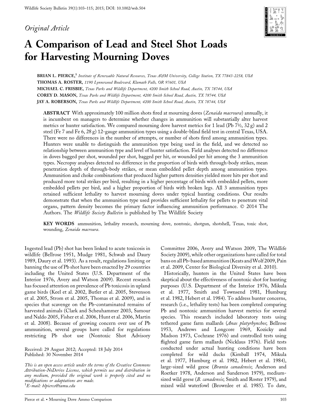 A Comparison of Lead and Steel Shot Loads for Harvesting Mourning Doves