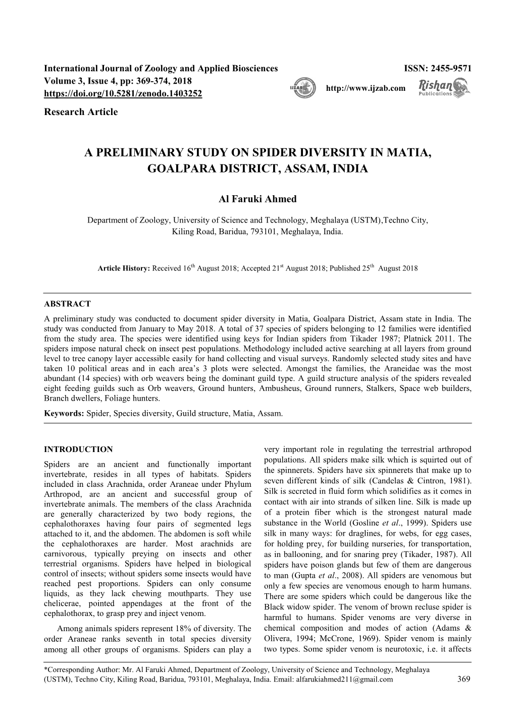 A Preliminary Study on Spider Diversity in Matia, Goalpara District, Assam, India