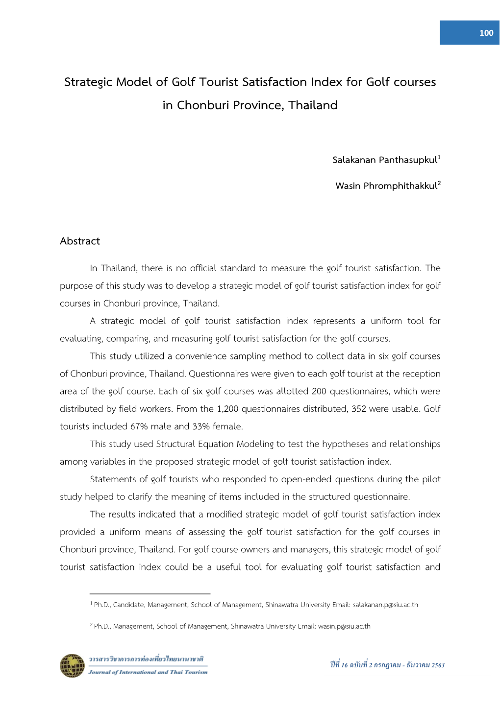 Strategic Model of Golf Tourist Satisfaction Index for Golf Courses in Chonburi Province, Thailand