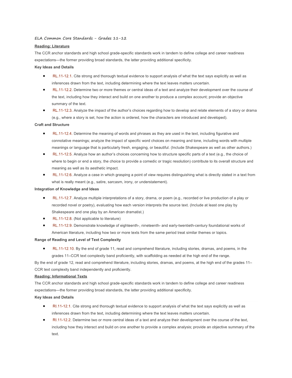 ELA Common Core Standards - Grades 11-12