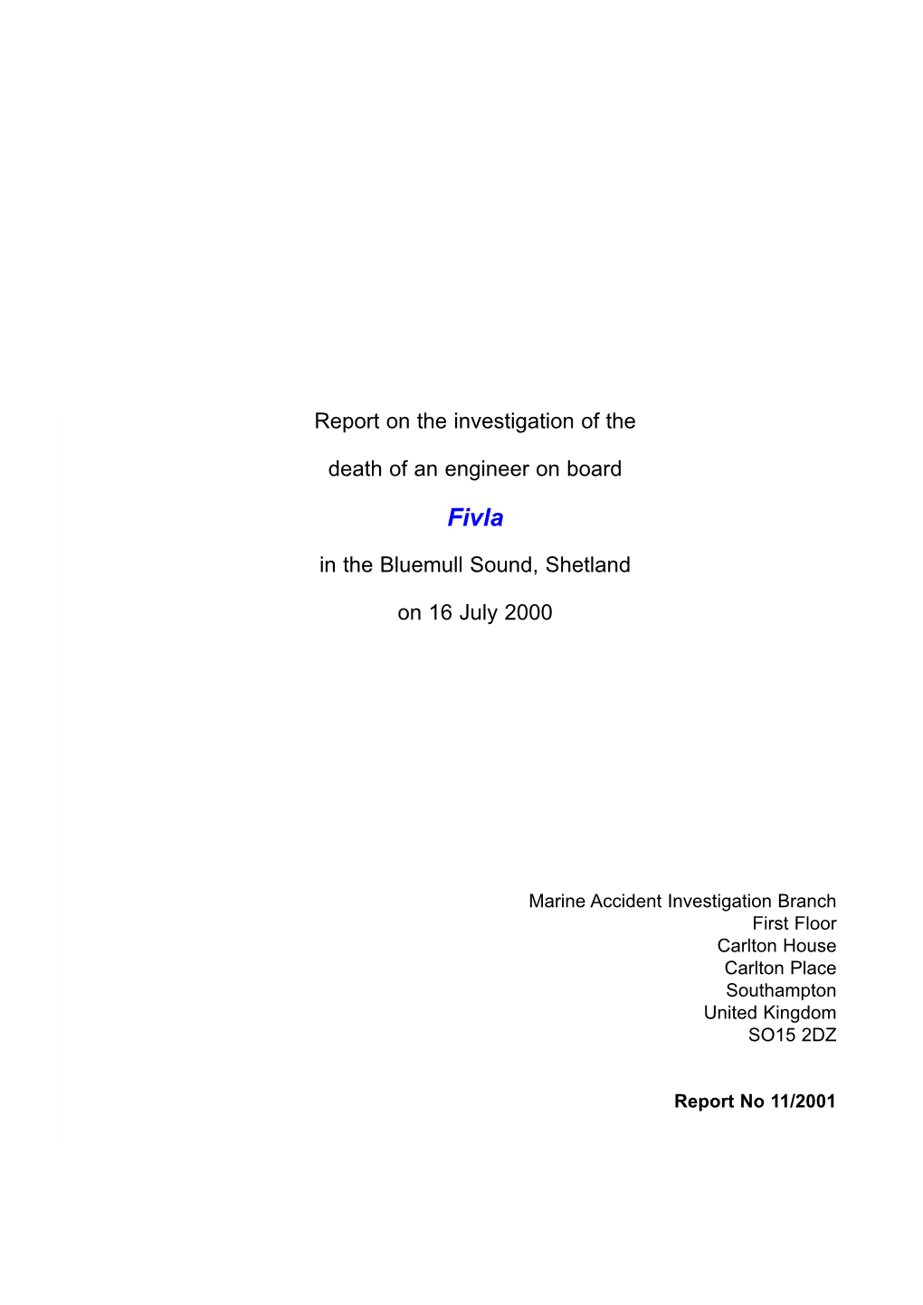 Report on the Investigation of the Death of an Engineer on Board In