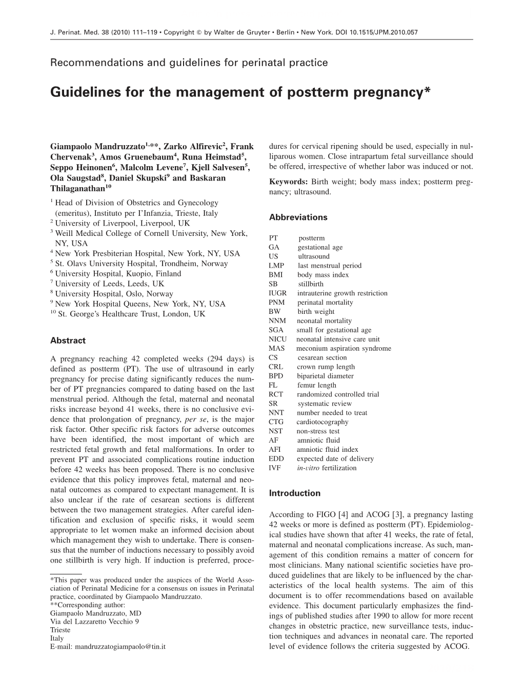 Guidelines for the Management of Postterm Pregnancy*