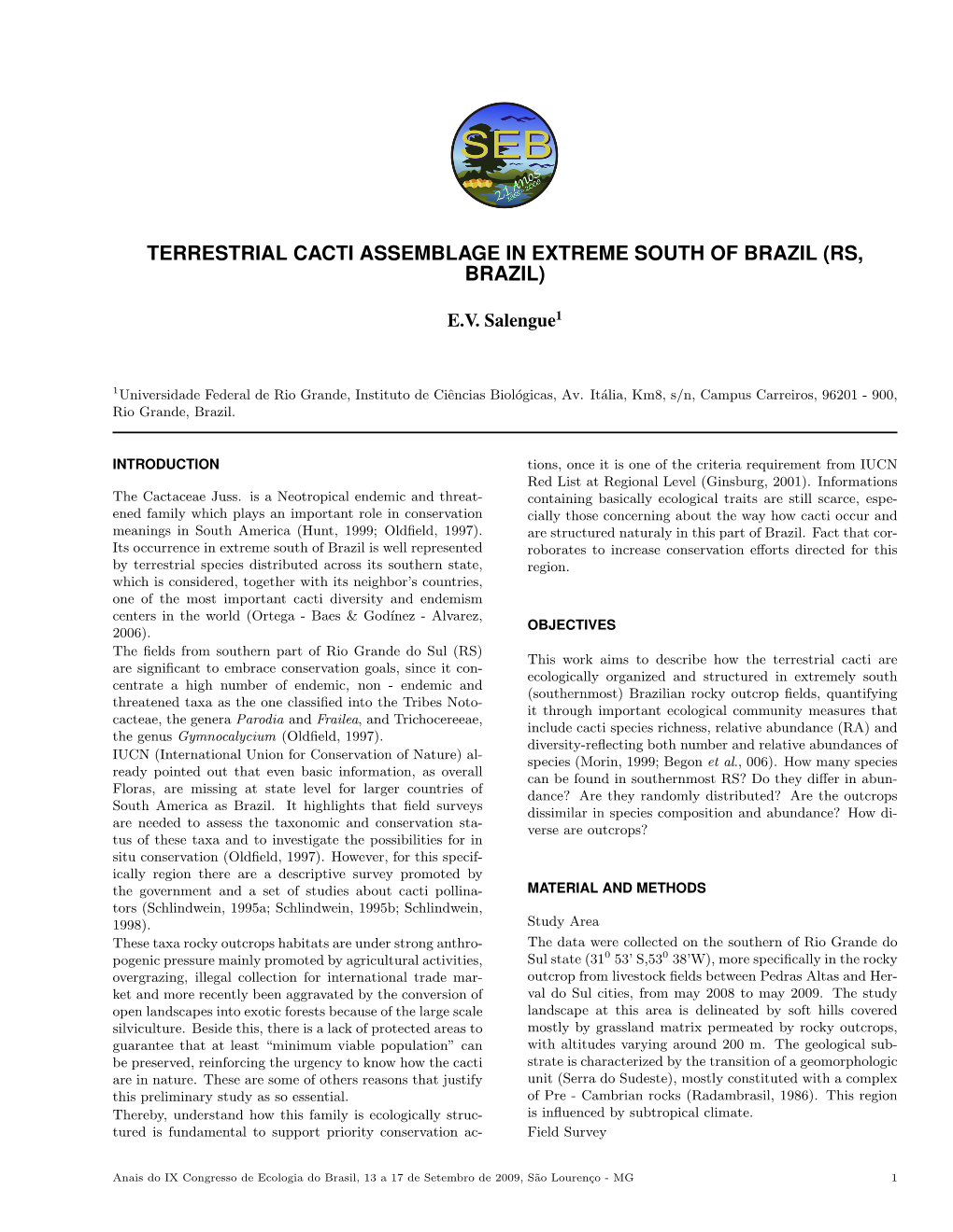 Terrestrial Cacti Assemblage in Extreme South of Brazil (Rs, Brazil)