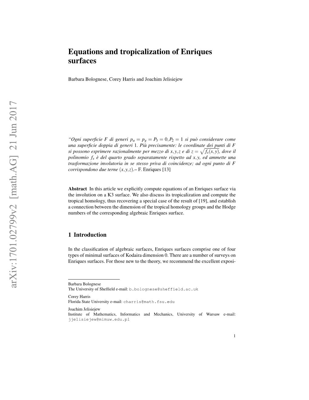 Equations and Tropicalization of Enriques Surfaces