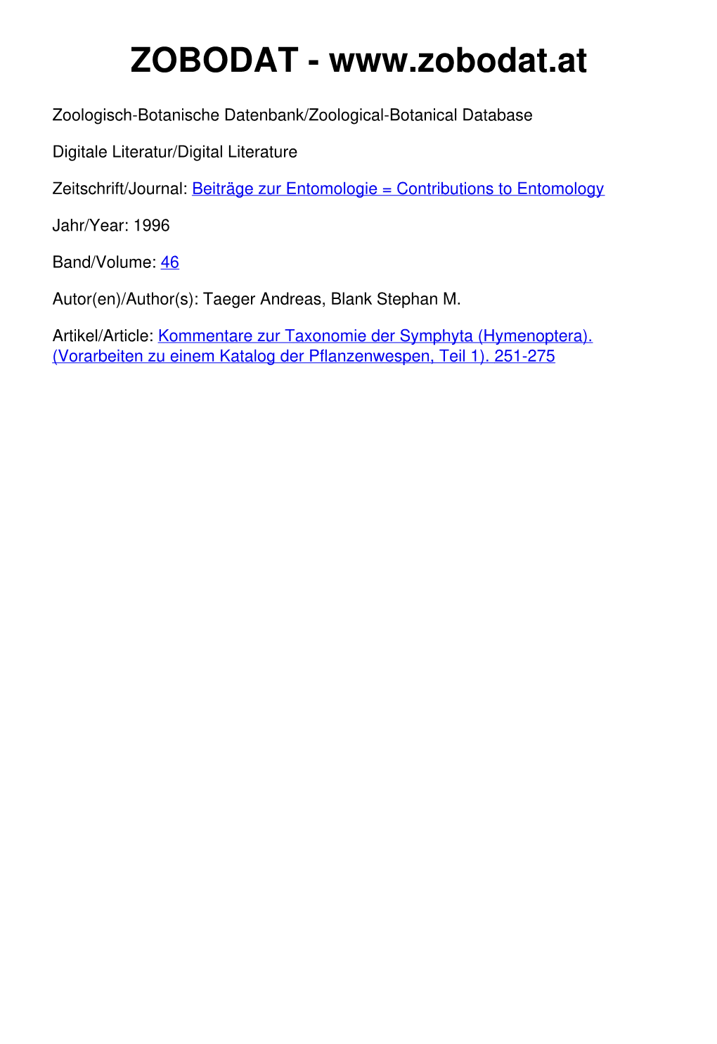 Kommentare Zur Taxonomie Der Symphyta (Hymenoptera)