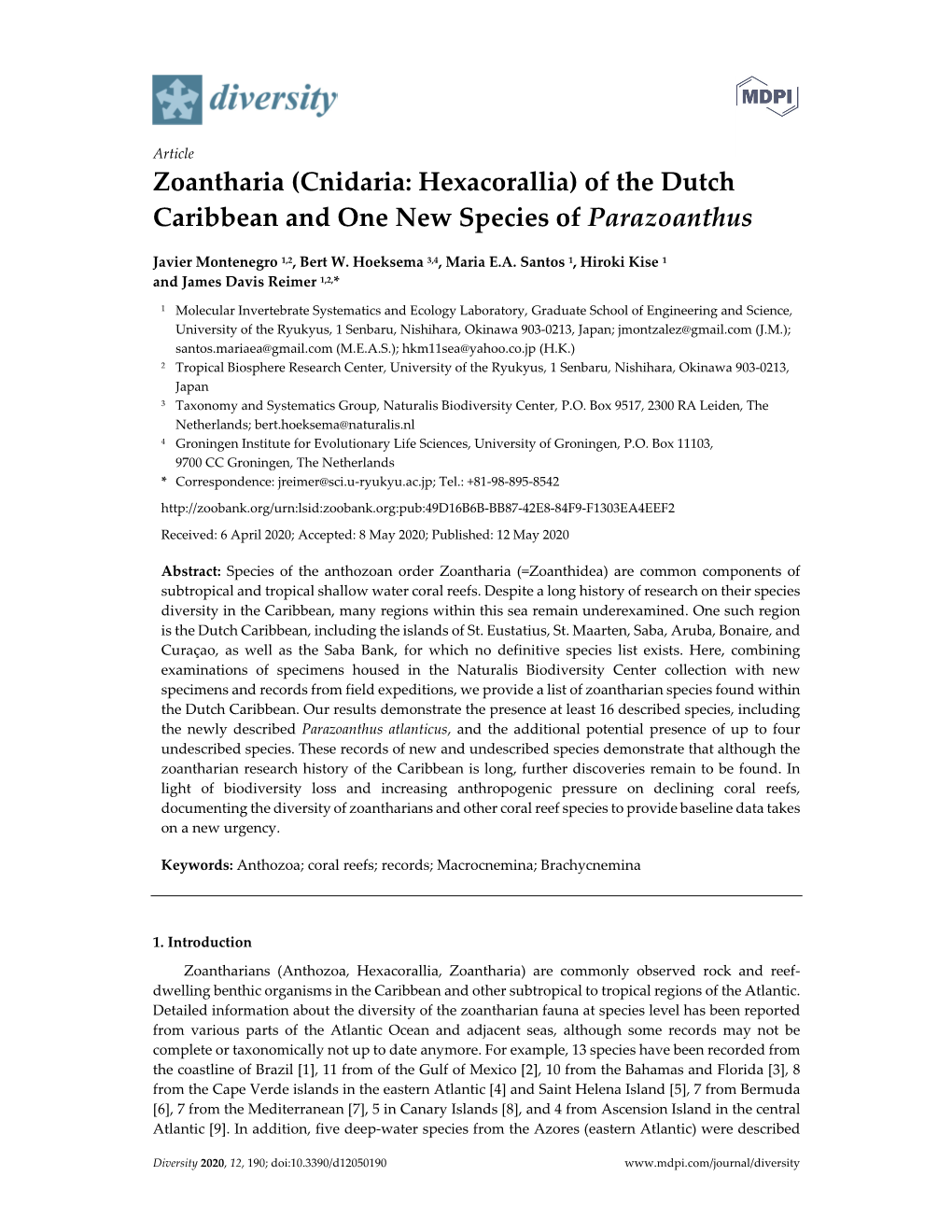 Of the Dutch Caribbean and One New Species of Parazoanthus