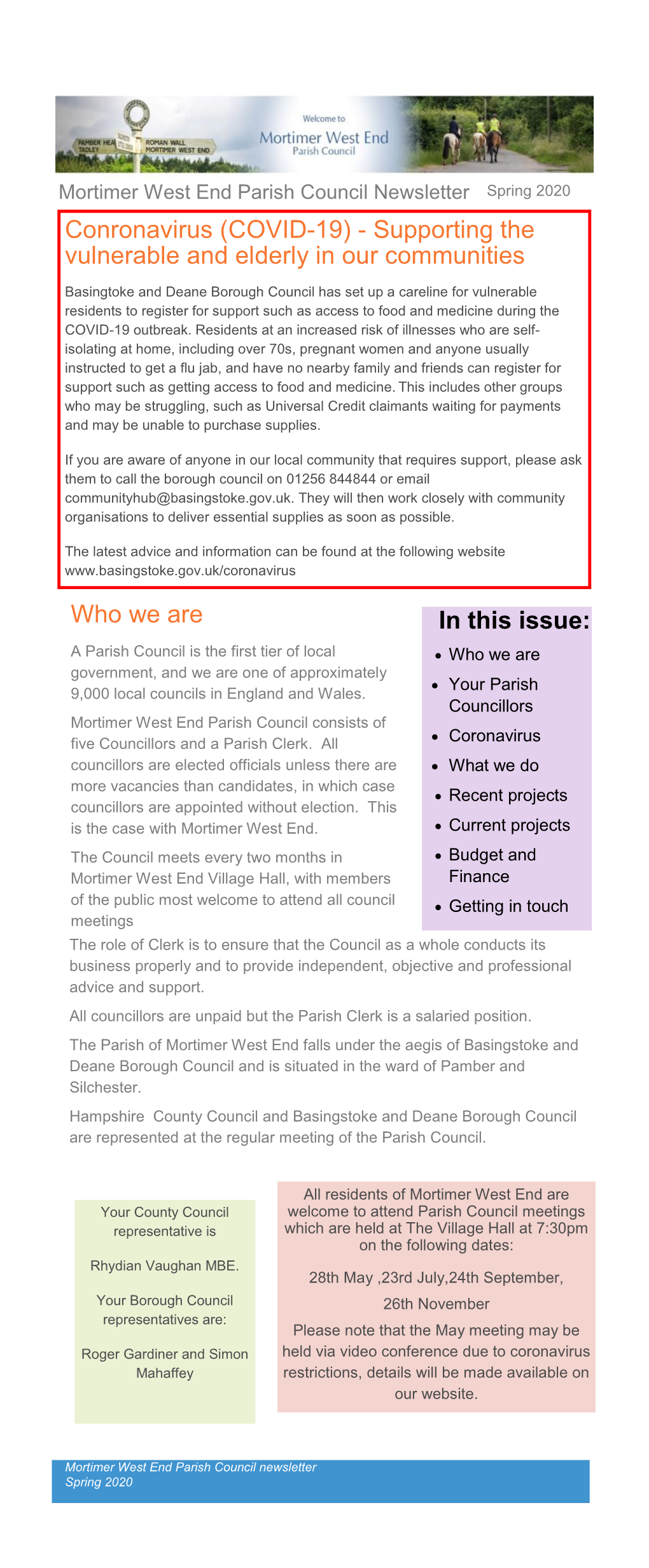 Mortimer West End Parish Council Newsletter Spring 2020 Conronavirus (COVID-19) - Supporting the Vulnerable and Elderly in Our Communities