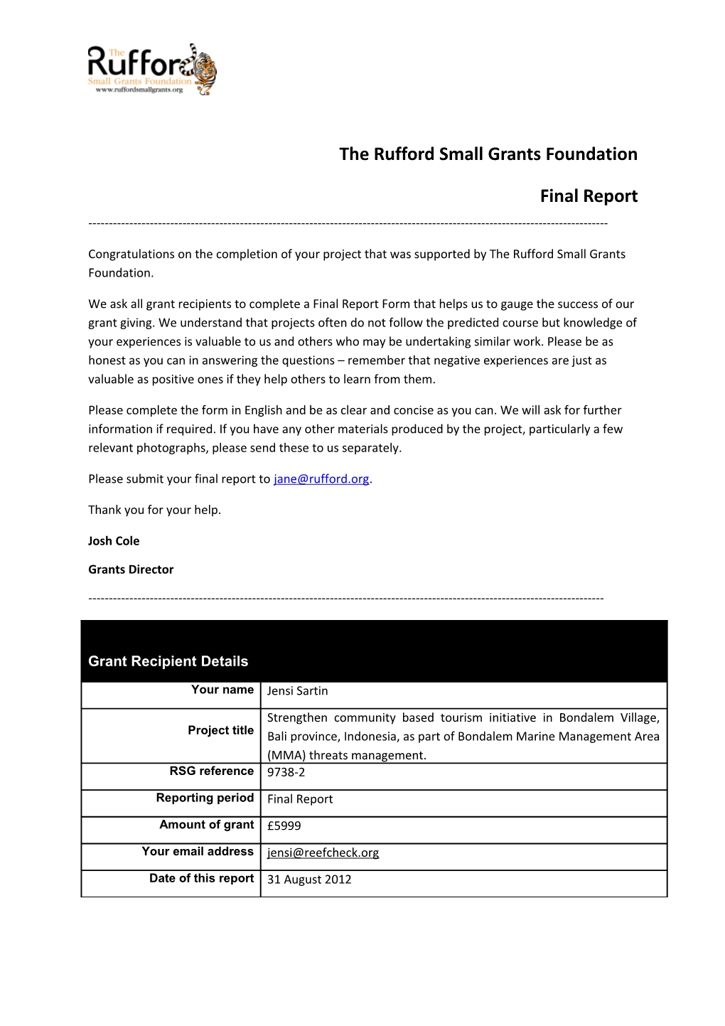 The Rufford Small Grants Foundation Final Report