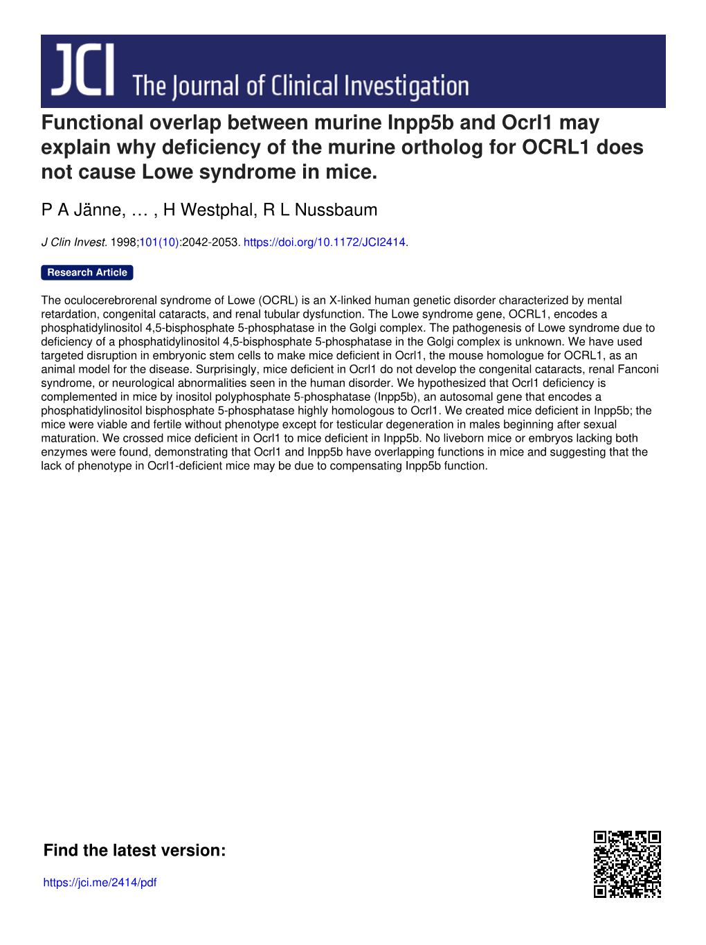 Functional Overlap Between Murine Inpp5b and Ocrl1 May Explain Why Deficiency of the Murine Ortholog for OCRL1 Does Not Cause Lowe Syndrome in Mice