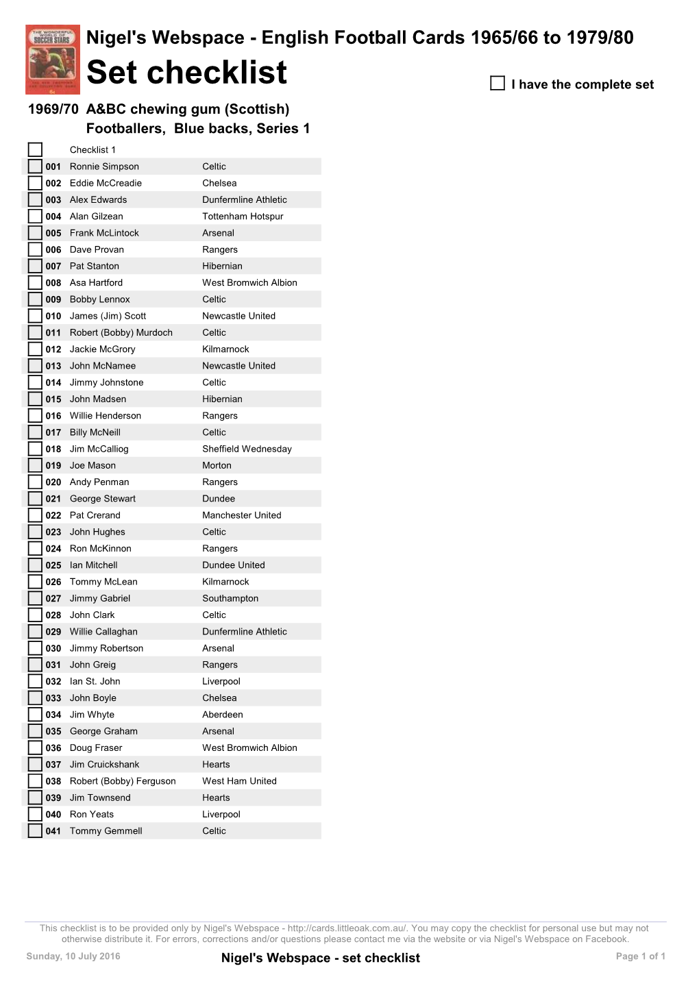 Set Checklist I Have the Complete Set 1969/70 A&BC Chewing Gum (Scottish) Footballers, Blue Backs, Series 1