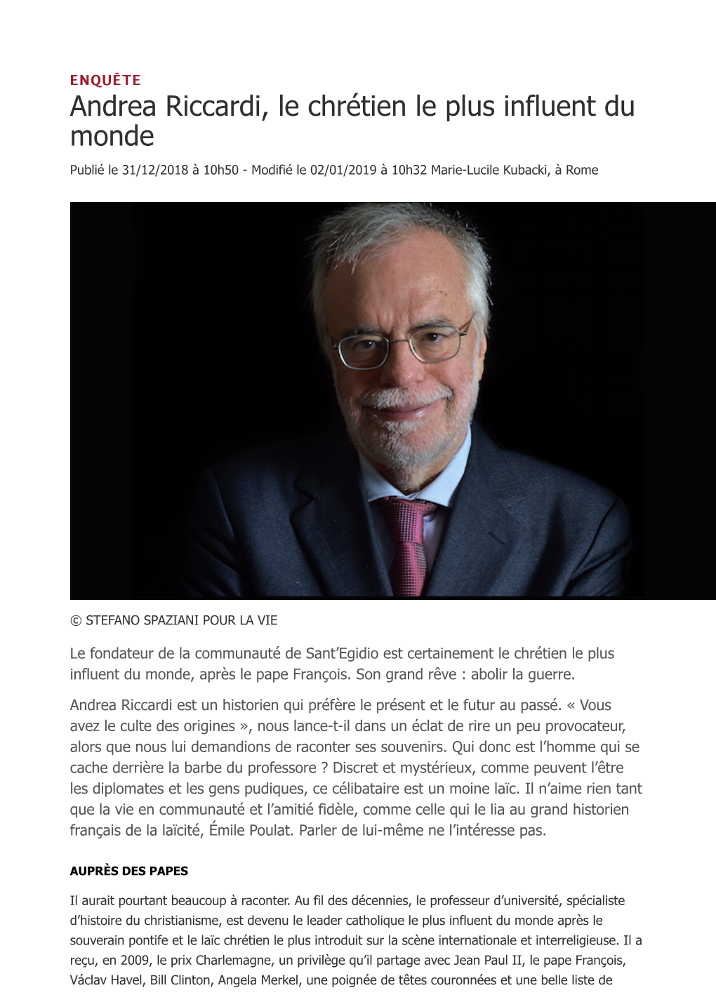 Andrea Riccardi, Le Chrétien Le Plus Influent Du Monde 04 Janvier 2019 LA