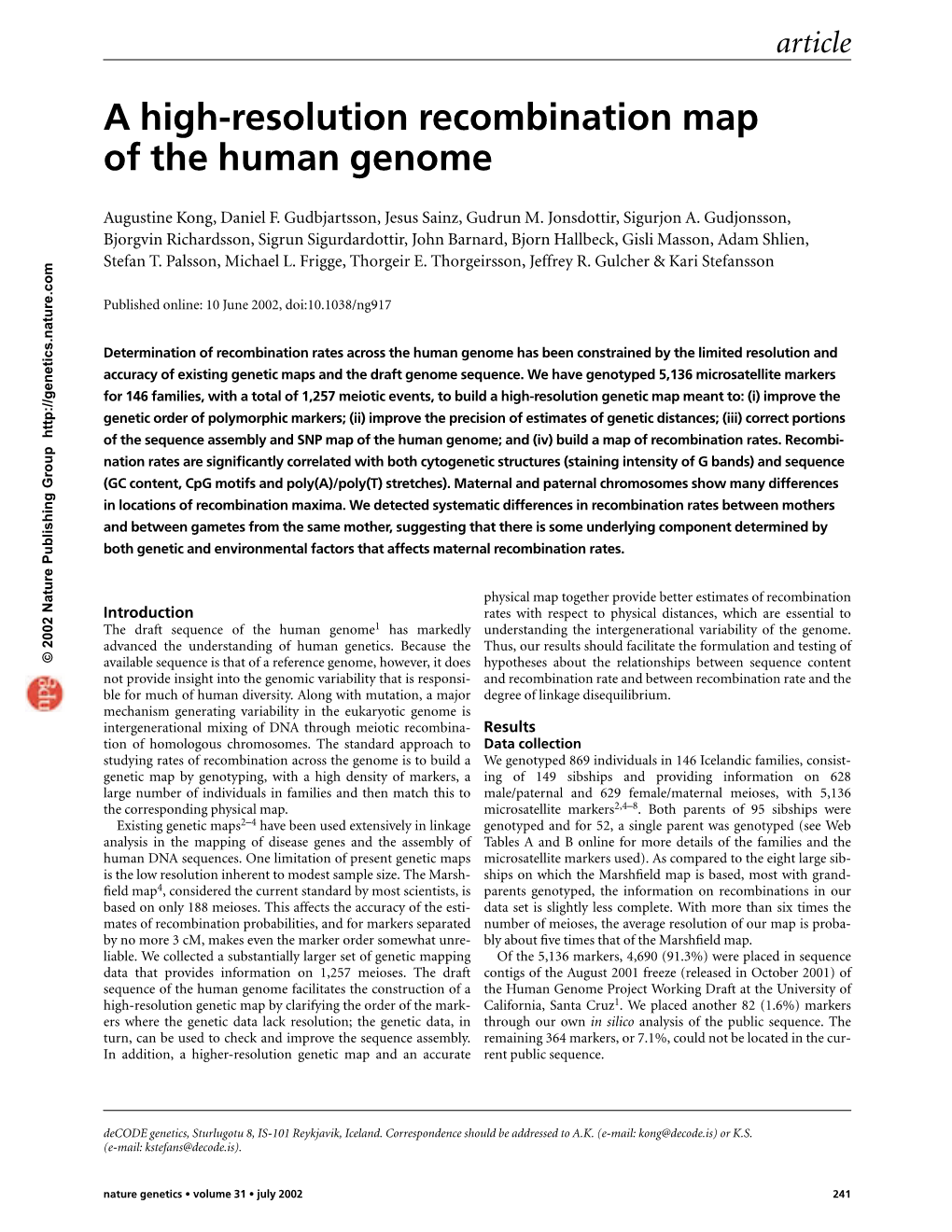 A High-Resolution Recombination Map of the Human Genome