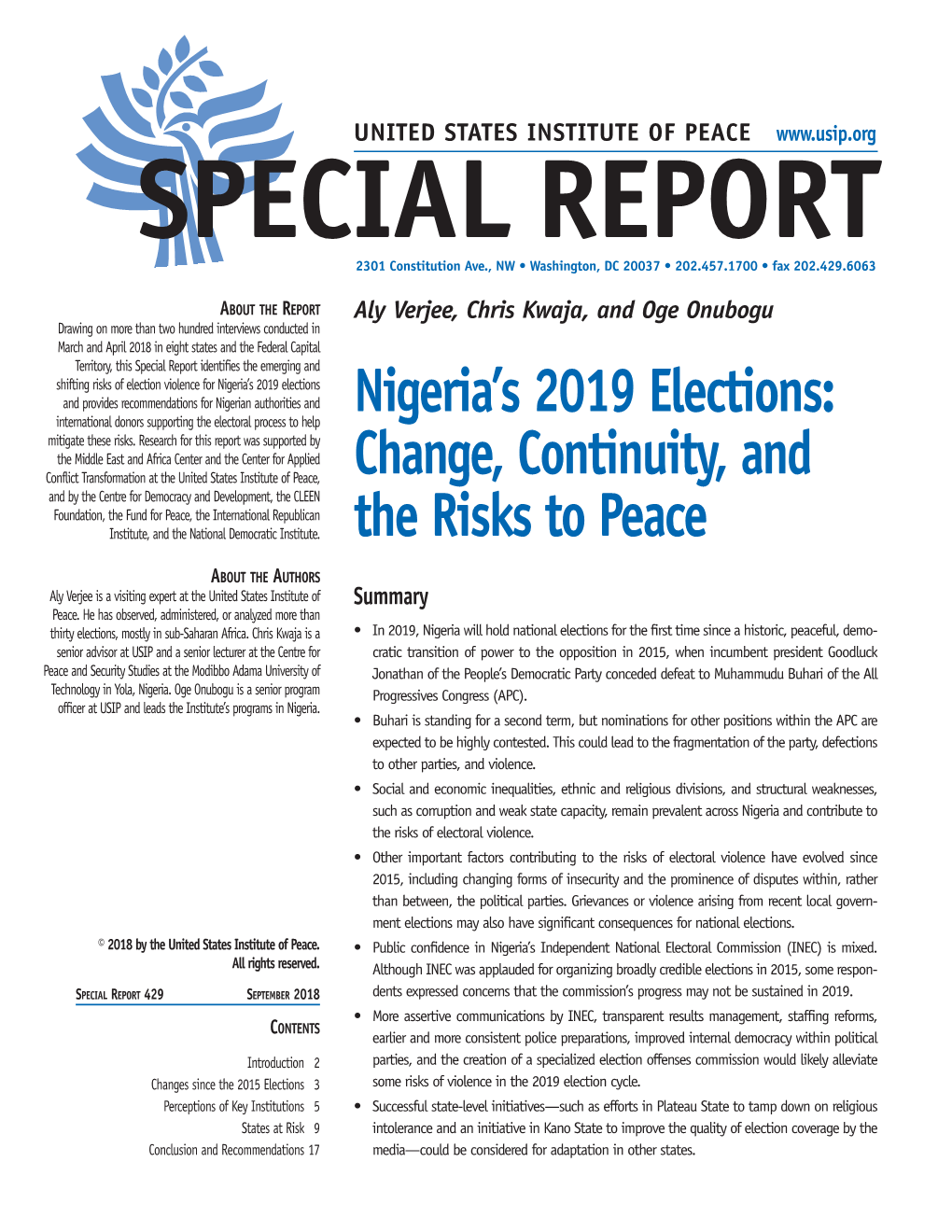 Nigeria's 2019 Elections: Change, Continuity, and the Risks to Peace