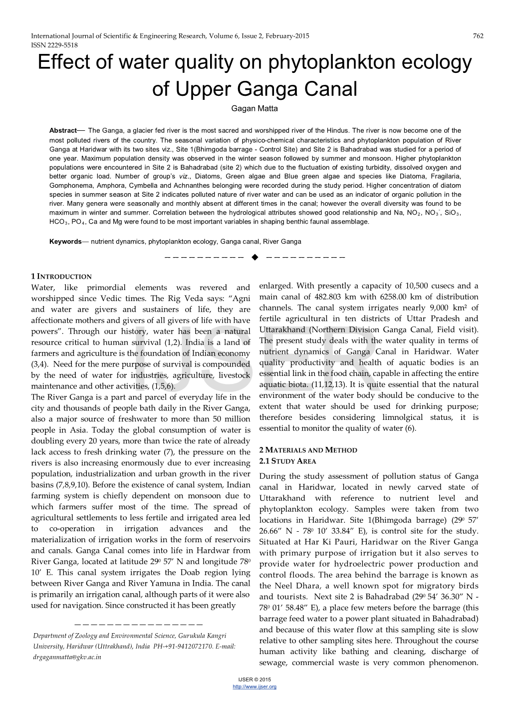 Effect of Water Quality on Phytoplankton Ecology of Upper Ganga Canal Gagan Matta