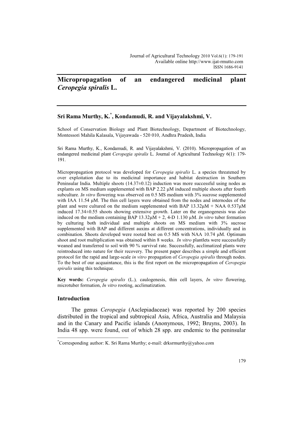 Micropropagation of an Endangered Medicinal Plant Ceropegia Spiralis L