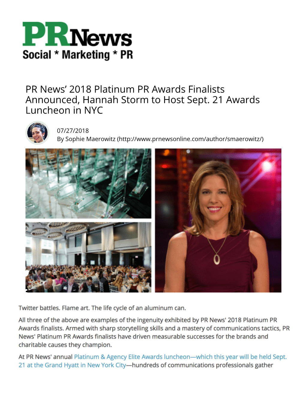 PR News' 2018 Platinum PR Awards Finalists Announced, Hannah