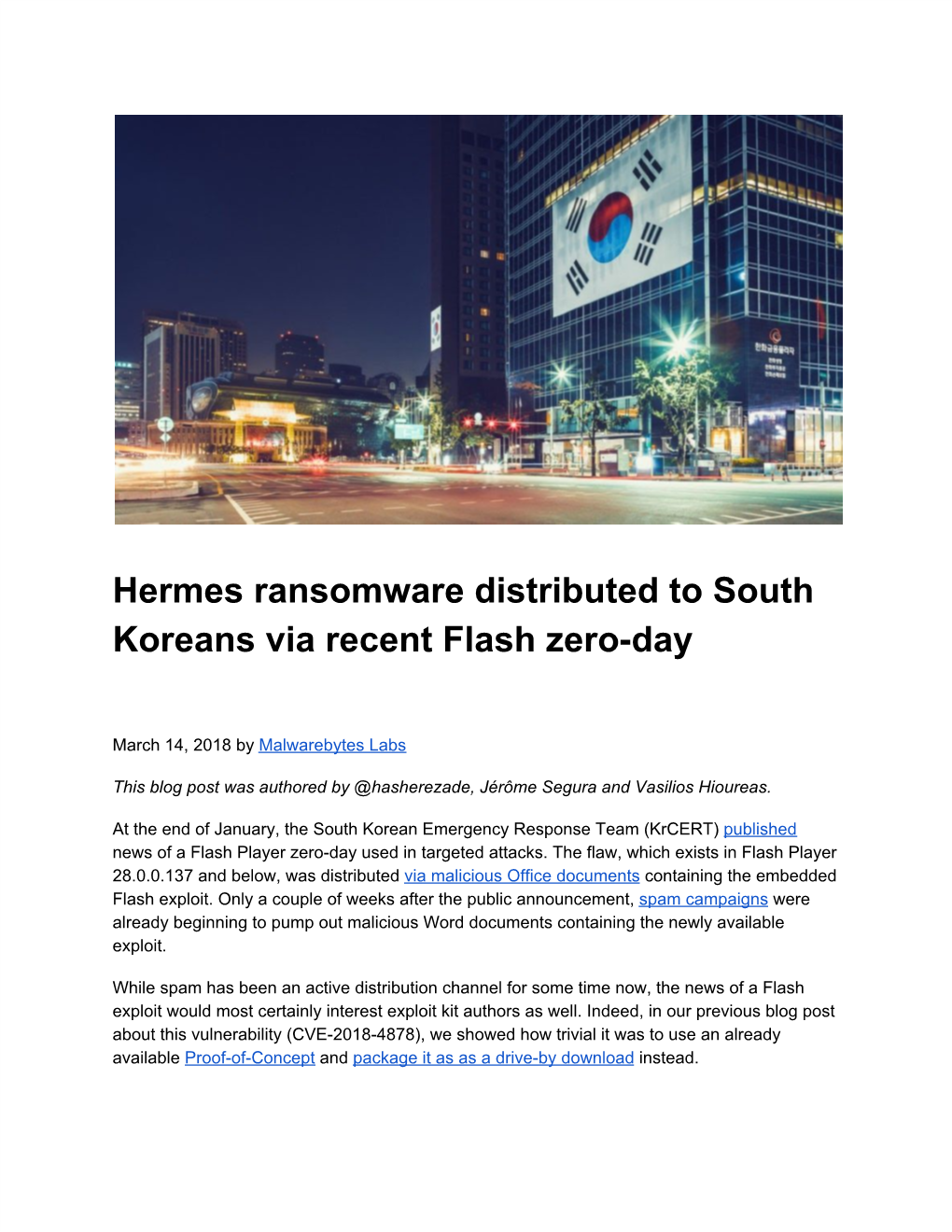 Hermes Ransomware Distributed to South Koreans Via Recent Flash Zero-Day