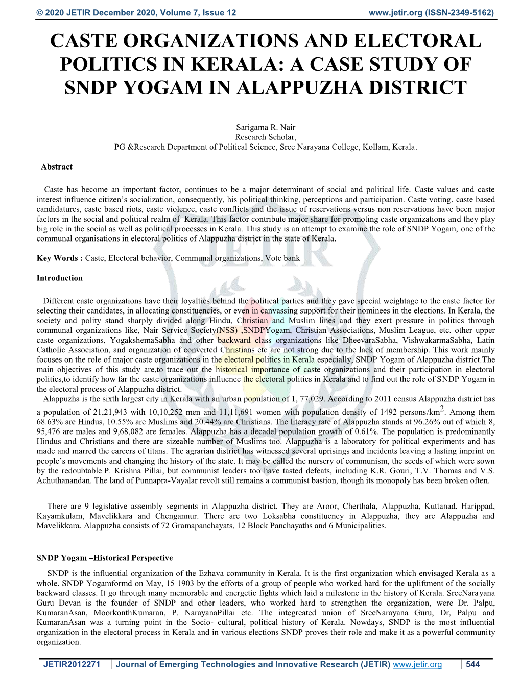 Caste Organizations and Electoral Politics in Kerala: a Case Study of Sndp Yogam in Alappuzha District