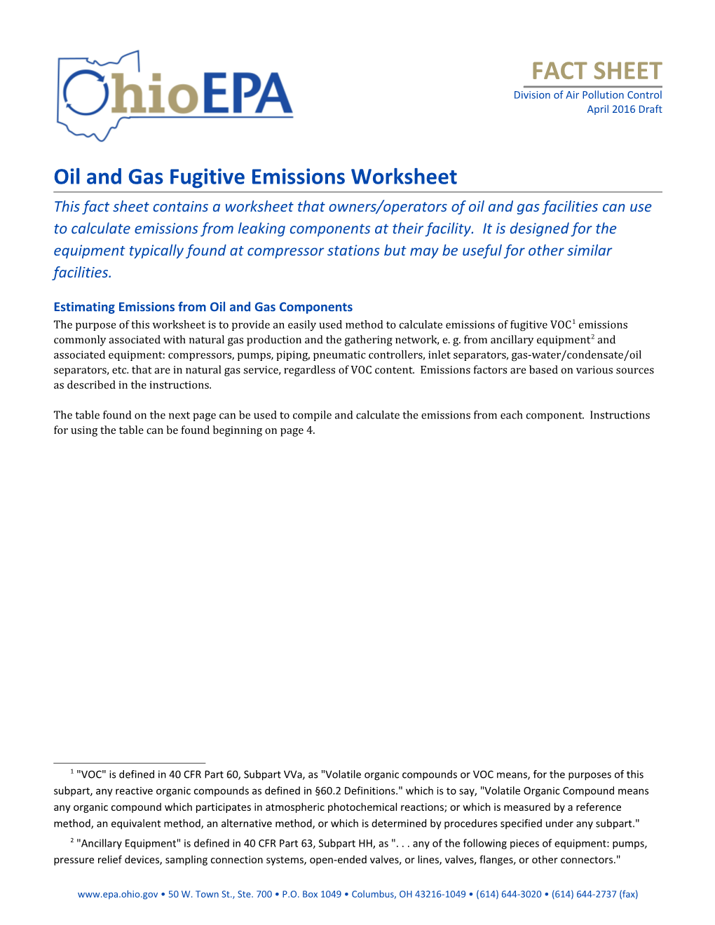 Oil and Gas Fugitive Emissions Worksheet