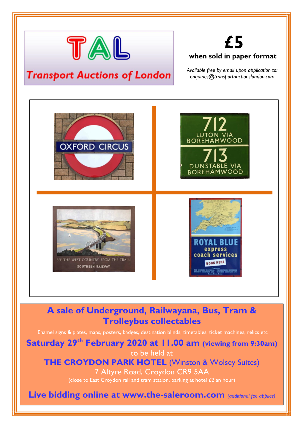 A Sale of Underground, Railwayana, Bus, Tram & Trolleybus Collectables Saturday 29Th February 2020 at 11.00 Am (Viewing