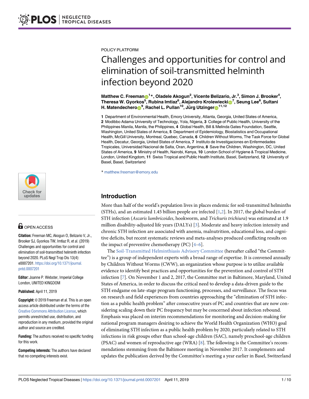 Challenges and Opportunities for Control and Elimination of Soil-Transmitted Helminth Infection Beyond 2020