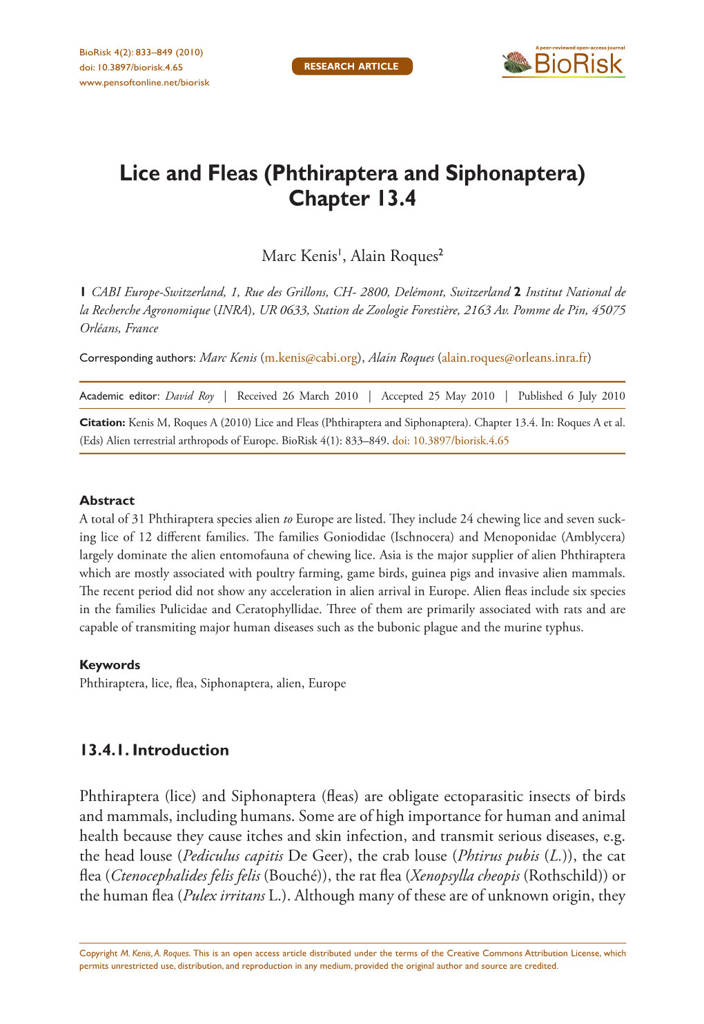 Phthiraptera and Siphonaptera) 833 Doi: 10.3897/Biorisk.4.65 RESEARCH ARTICLE Biorisk