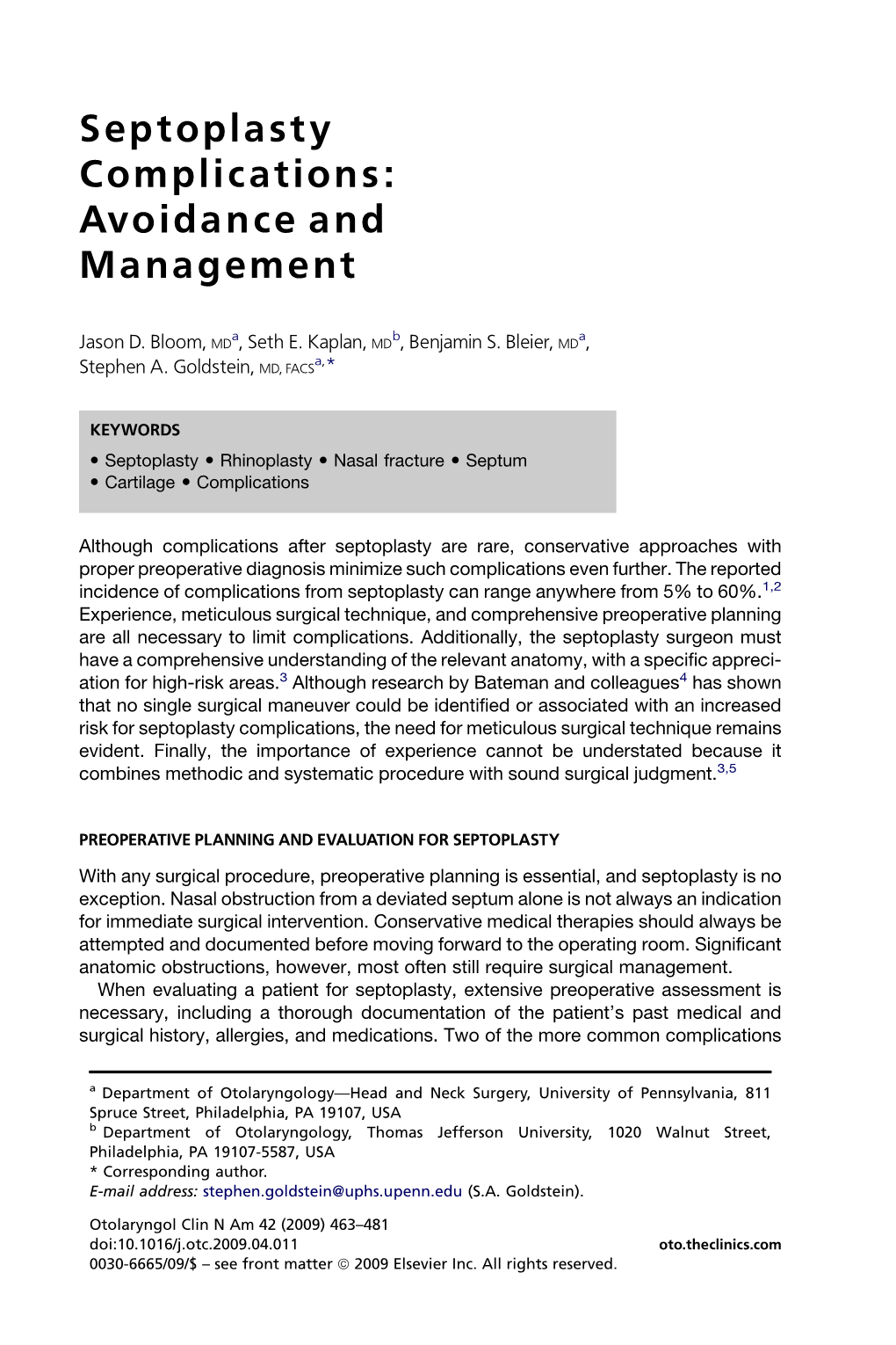 Septoplasty Complications: Avoidance and Management