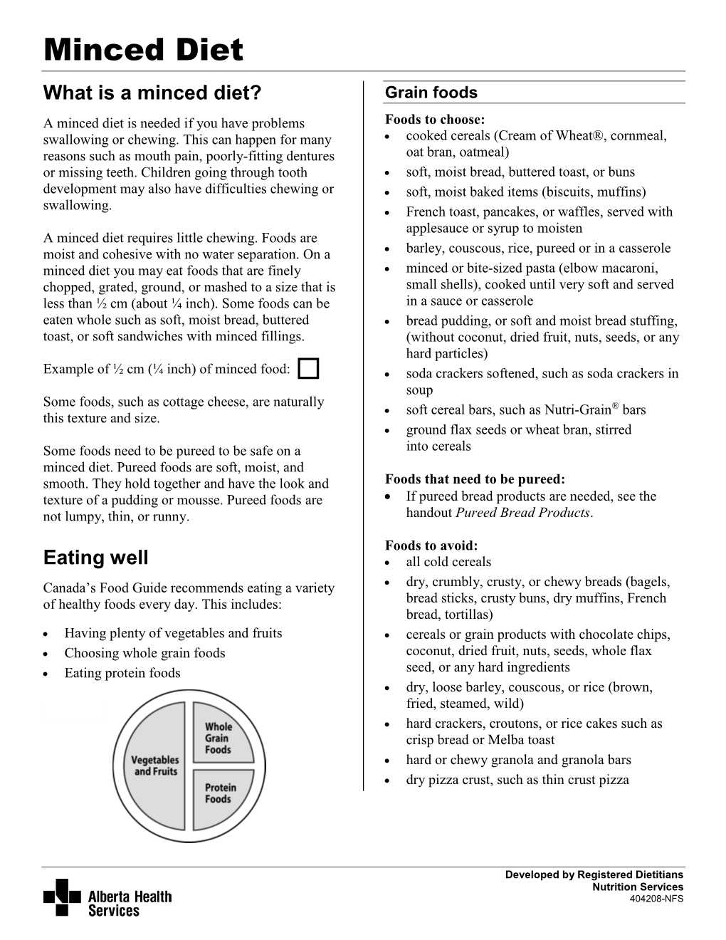 Minced Diet What Is a Minced Diet? Grain Foods a Minced Diet Is Needed If You Have Problems Foods to Choose: Swallowing Or Chewing