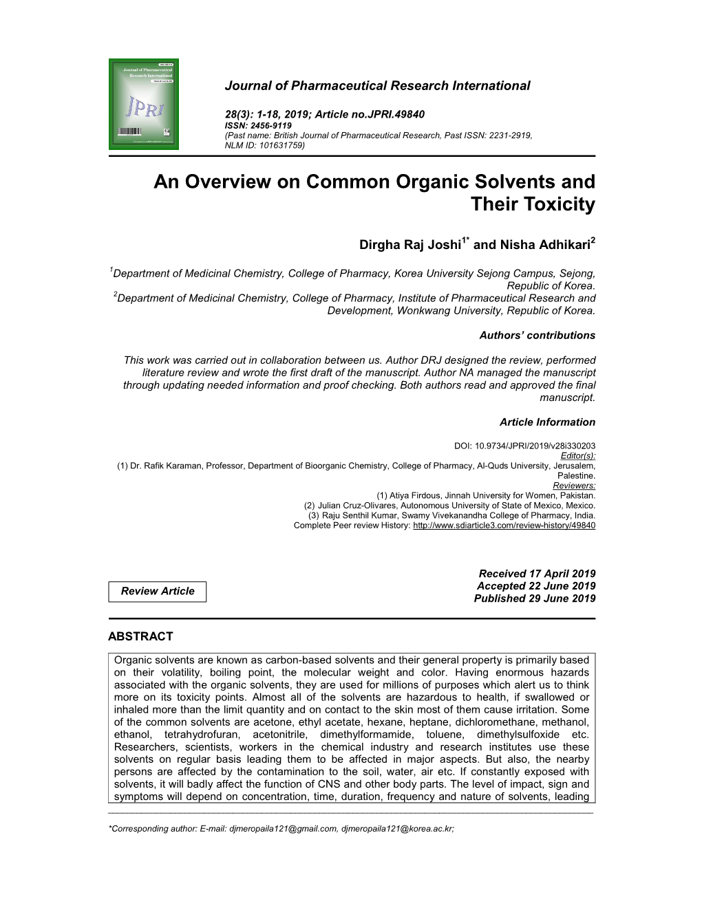 An Overview on Common Organic Solvents and Their Toxicity