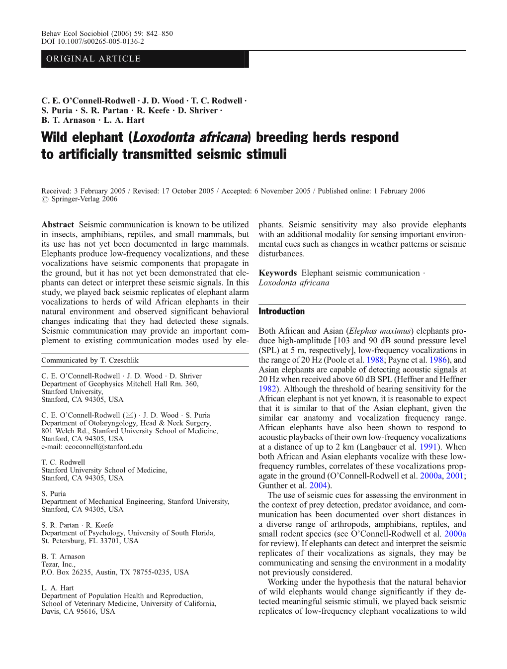 Wild Elephant (Loxodonta Africana) Breeding Herds Respond to Artificially Transmitted Seismic Stimuli