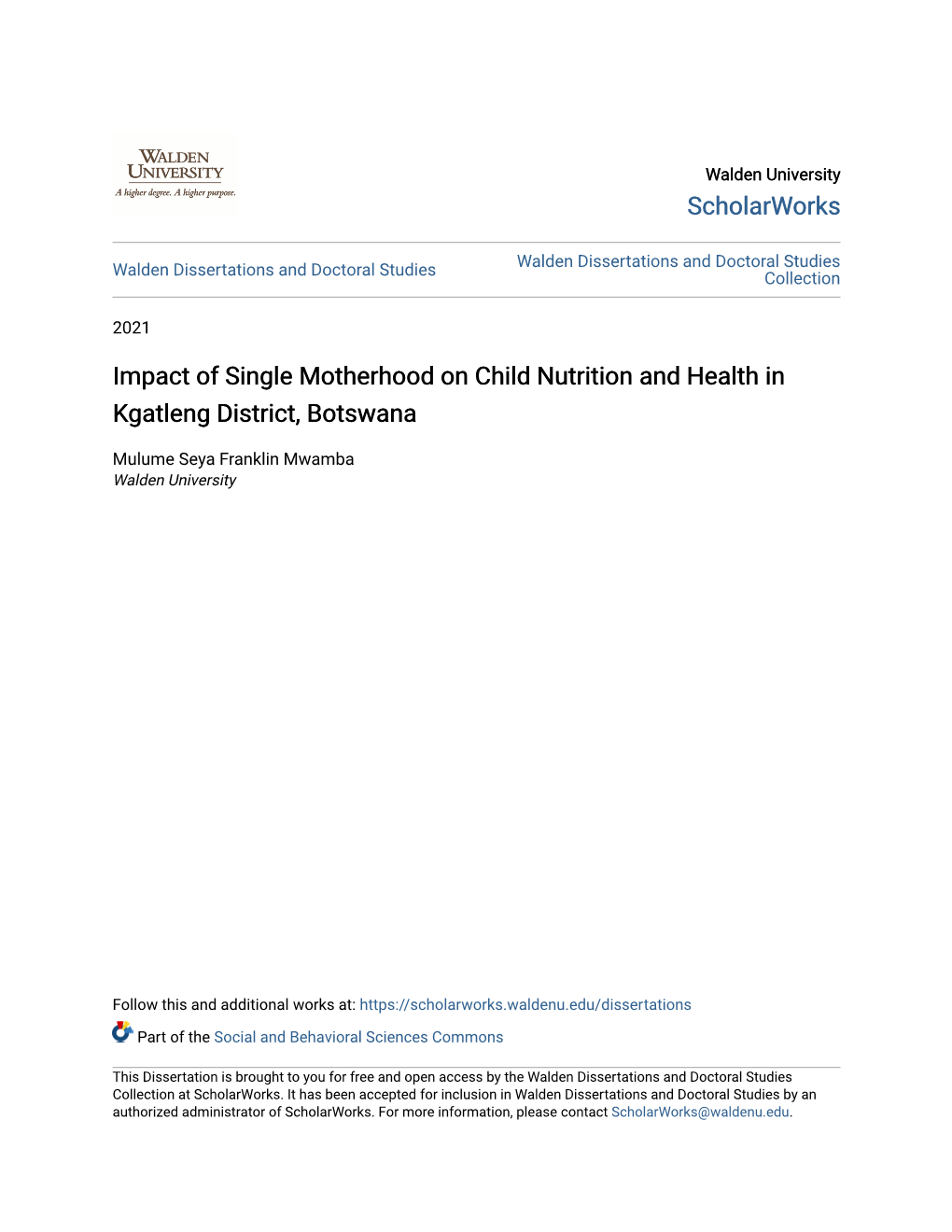 Impact of Single Motherhood on Child Nutrition and Health in Kgatleng District, Botswana