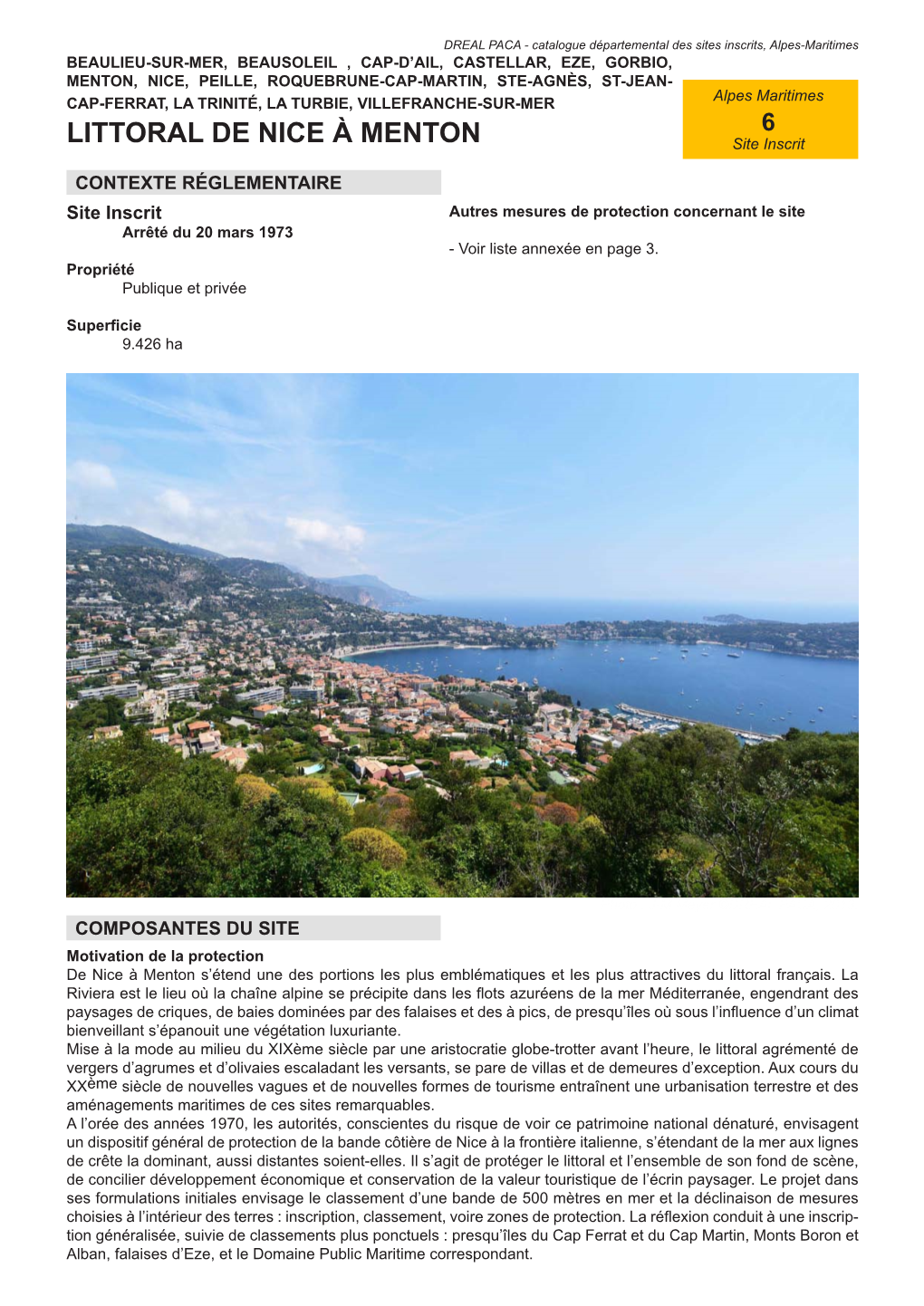 Catalogue Des Sites Inscrits Du Département Des Alpes-Maritimes