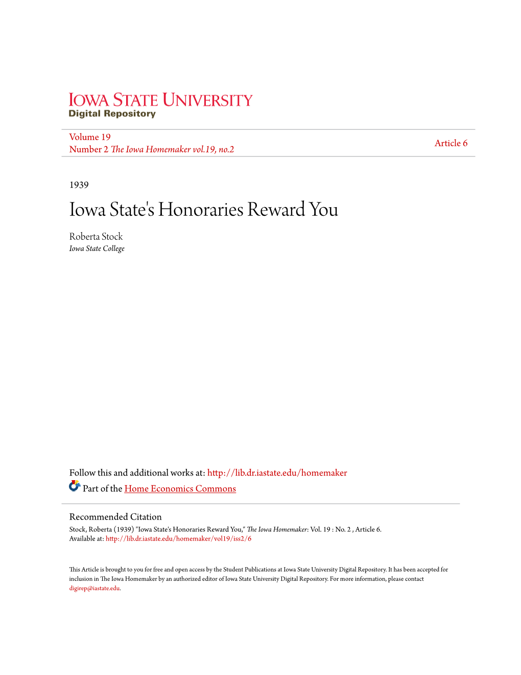 Iowa State's Honoraries Reward You Roberta Stock Iowa State College