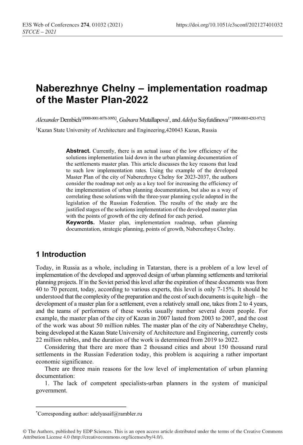 Naberezhnye Chelny – Implementation Roadmap of the Master Plan-2022