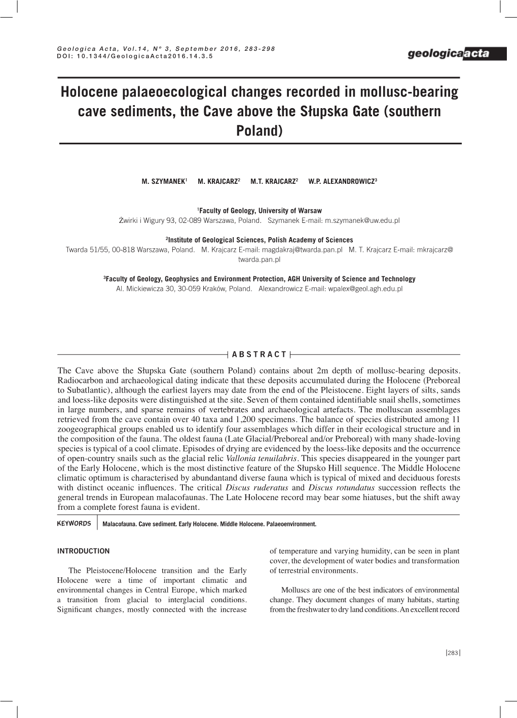 Holocene Palaeoecological Changes Recorded in Mollusc-Bearing Cave Sediments, the Cave Above the Słupska Gate (Southern Poland)