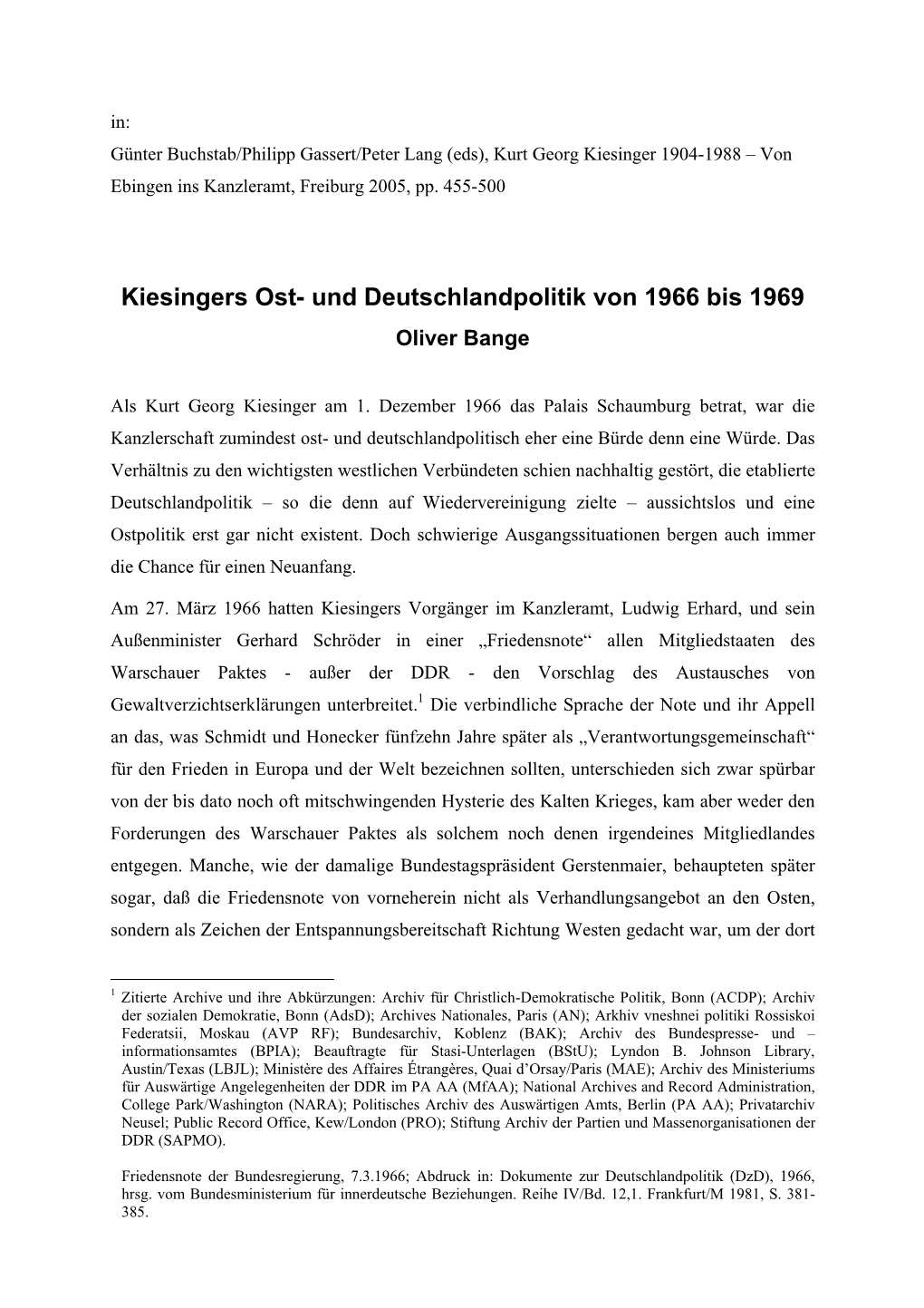 Kiesingers Ost- Und Deutschlandpolitik Von 1966 Bis 1969 Oliver Bange