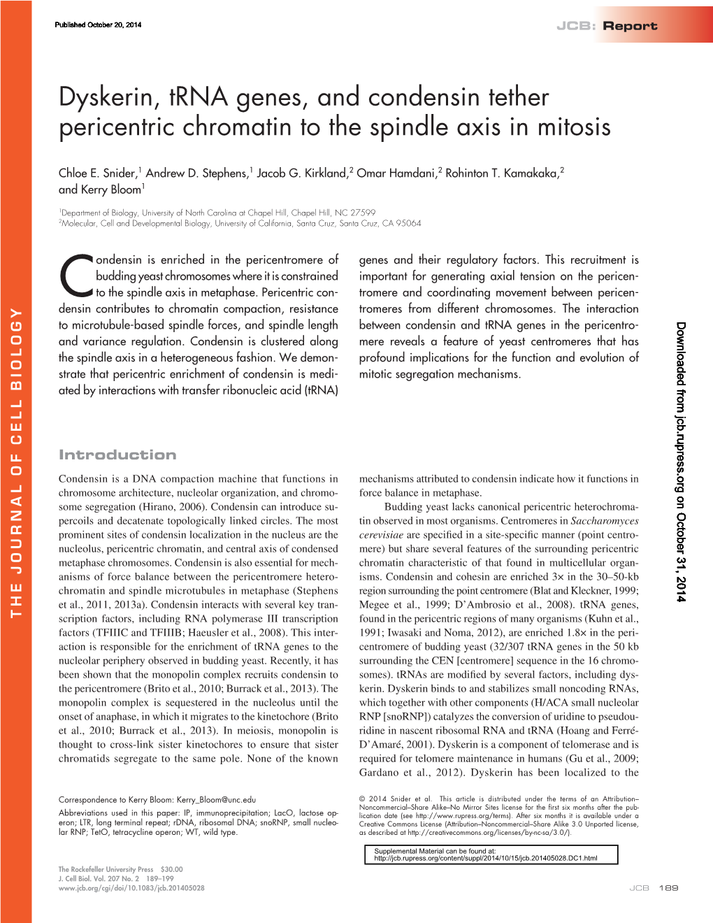 Dyskerin, Trna Genes, and Condensin Tether Pericentric Chromatin to the Spindle Axis in Mitosis