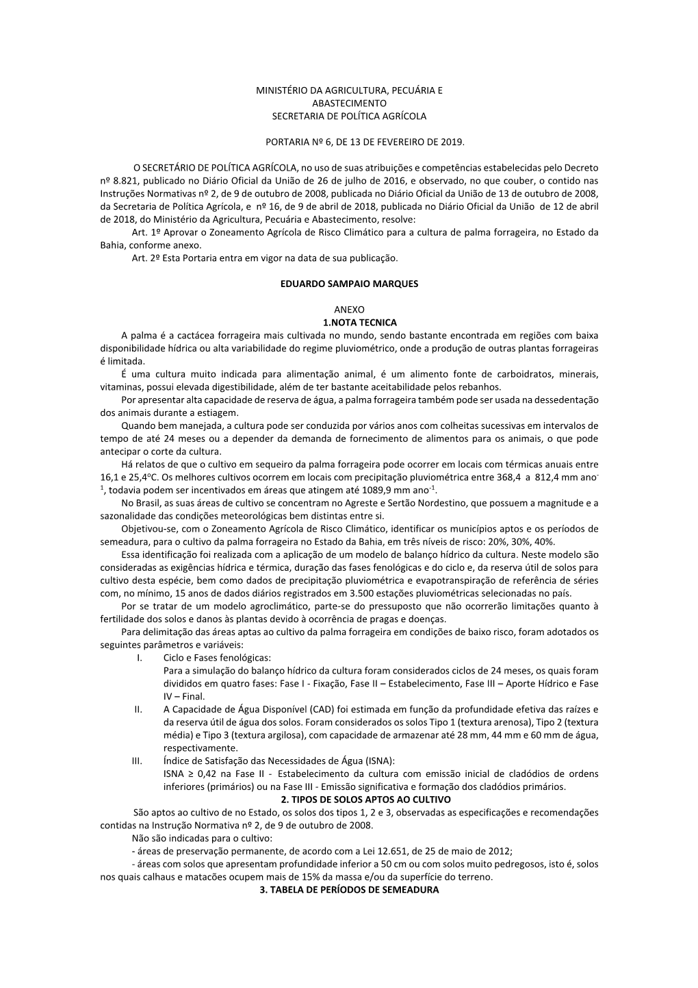 Ministério Da Agricultura, Pecuária E Abastecimento Secretaria De Política Agrícola